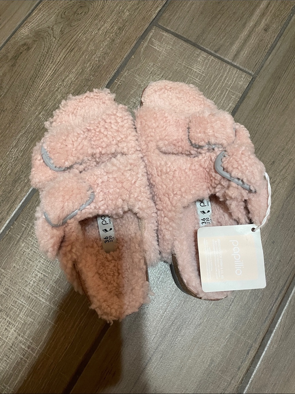 Birkenstock Papillio Plush Sherpa Double-Strap Slides in Blush Pink